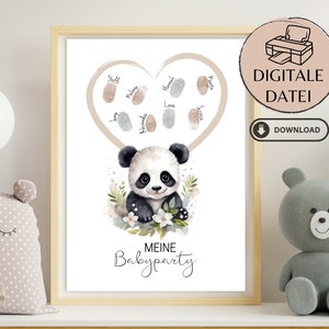 Póster del libro de visitas del baby shower con huella dactilar para imprimir en casa | Babyshower Libro de visitas con huella dactilar digital en PDF Panda con corazón