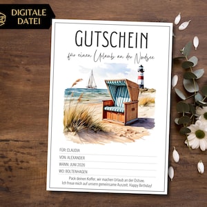 Gutschein Urlaub an der Nordsee Strandkorb zum Ausdrucken | Reisegutschein Urlaub am Meer Vorlage | Gutschein Sommerurlaub | ein Tag am Meer