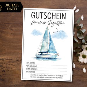 Voucher zeilreis sjabloon om uit te printen | Samen varen in plaats van spullen | Cadeau-idee een dagje op zee zeiljacht | Zeilboot
