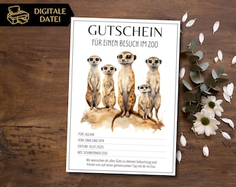 Zoo visit voucher template to print out | Voucher trip to the zoo | Animal park voucher to design | Meerkat gift voucher