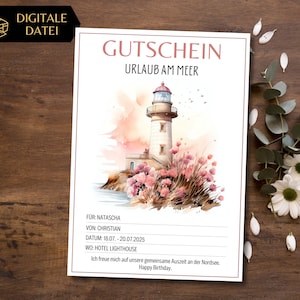 Reisegutschein Urlaub am Meer zum Ausdrucken | Geschenkgutschein für eine Reise Vorlage | Gutschein Leuchtturm | Reisegutschein