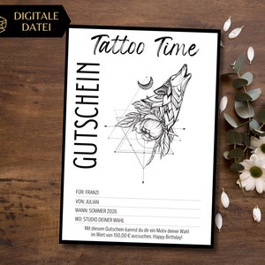 Tattoo voucher sjabloon om af te drukken | Voucher voor tatoeëren | Tattoo voucher om te ontwerpen | Cadeaubon Tattoo Wolf