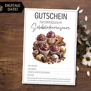 Gutschein Besuch im Schokoladenmuseum Vorlage zum Ausdrucken | Geschenkidee Schokoladenliebhaber | Schoko Museum | Naschkatze Schokolade