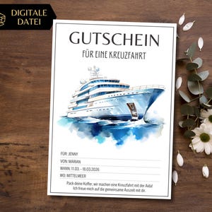 Gutschein Kreuzfahrt Vorlage zum Ausdrucken | Reisegutschein Urlaub auf dem Meer Kreuzfahrtschiff | Schiffsreise | Geschenk Rundreise Schiff