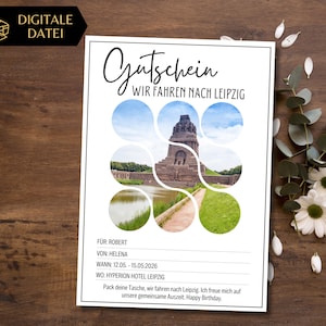 Modello di voucher di viaggio per Lipsia da stampare | Buono vacanza breve | Modello voucher viaggio in città | Viaggio di fine settimana alla fiera del libro
