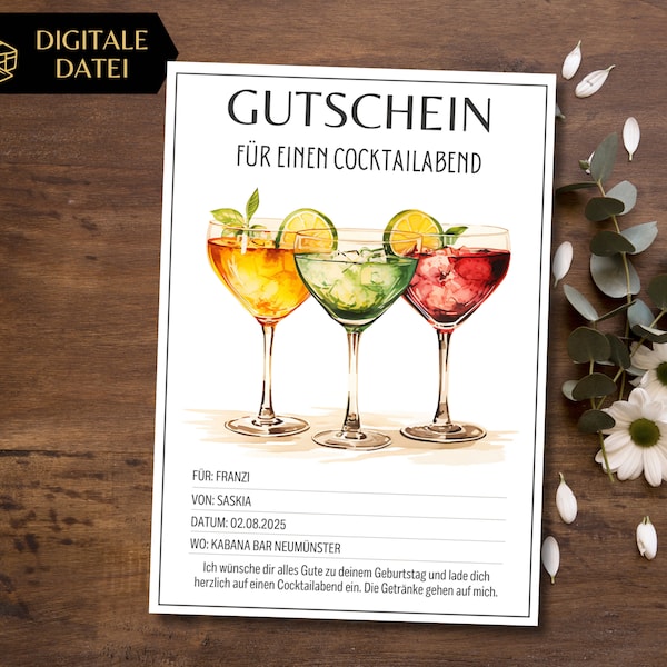 Gutschein Cocktails Vorlage zum Ausdrucken | Gutscheinvorlage Mädelstag | Zeit statt Zeug Geschenkgutschein Cocktailbar | Cocktailabend