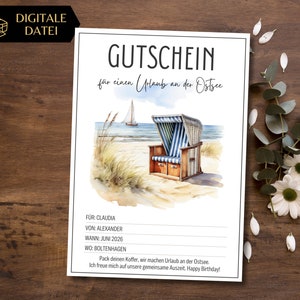 Gutschein Urlaub an der Ostsee Strandkorb zum Ausdrucken | Reisegutschein Urlaub am Meer Vorlage | Gutschein Sommerurlaub | ein Tag am Meer