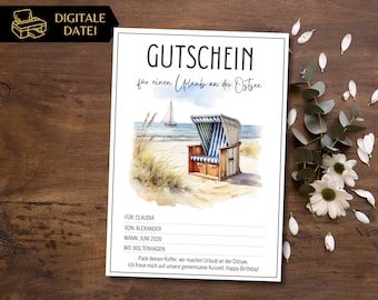 Voucher for a holiday on the Baltic Sea beach chair to print | Travel voucher for a holiday by the sea template | Summer holiday voucher | A day at the seaside