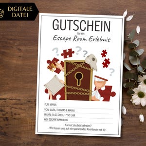 Gutschein Escape Room Erlebnis Vorlage zum Gestalten und Ausdrucken | Rätsel Abenteuer Geschenkgutschein Puzzle | Erlebnisgutschein Freunde
