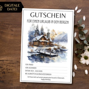 Gutschein Winterurlaub in den Bergen Vorlage zum Ausdrucken | Gutscheinvorlage Urlaub Berghütte | Kurzurlaub im Winter | Urlaubsreise