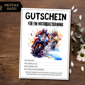 Voucher sjabloon motorrijden om af te drukken | Cadeaubon training | Ontwerp voor een avontuurvoucher | ervaringsvoucher