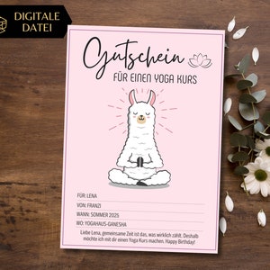 Gutschein Yoga Kurs Vorlage zum Ausdrucken | Gutschein Yoga Lama lustig  | Gutschein beste Freundin zum Gestalten