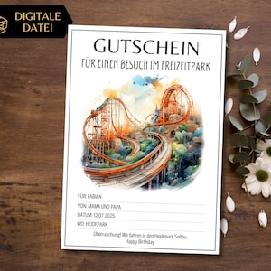 Voucher voor een pretparkbezoek: Achtbaan sjabloon om af te drukken | Pretparkvoucher | Voucher om te ontwerpen | Belevenisvoucher