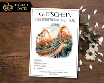 Gutschein Freizeitpark Besuch Vorlage Achterbahn zum Ausdrucken | Gutschein Vergnügungspark | Gutschein zum Gestalten | Erlebnisgutschein