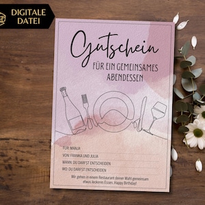 Szablon kuponu na jedzenie na mieście do wydrukowania | Bon upominkowy na kolację w restauracji | Czas zamiast rzeczy | Projekt linii sztuki wizyty w restauracji