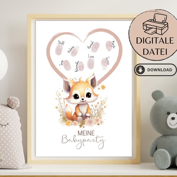 Baby shower guestbook poster fingerprint to print at home | Babyshower fingerprint guest book digital as PDF fox with heart