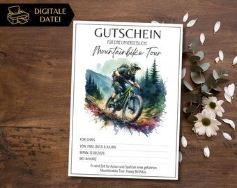 Voucher mountain bike tour template to print | Voucher template mountain biking | Holiday in the mountains | Experience voucher with bike