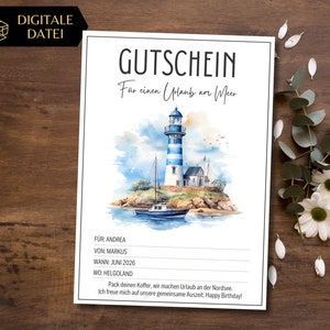 Voucher de viagem para férias no farol à beira-mar para imprimir | Vale-presente para um modelo de viagem | Voucher de férias na ilha | Voucher de viagem