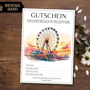 Gutschein Freizeitpark Besuch Vorlage Riesenrad zum Ausdrucken | Gutschein Vergnügungspark | Gutschein zum Gestalten | Erlebnisgutschein