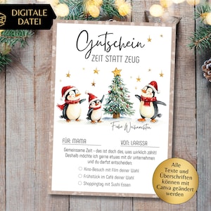 Voucher Kerstpinguïn Tijd Samen Sjabloon om af te drukken | Tijd in plaats van spullen | Lastminute cadeau-idee | Kerstcadeau