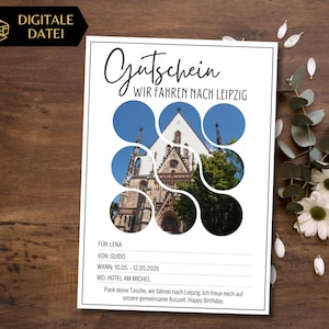 Modello di voucher di viaggio per Lipsia da stampare | Buono vacanza breve | Modello voucher viaggio in città | Viaggio di fine settimana alla fiera del libro