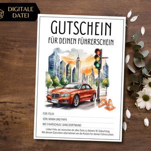 Gutschein Führerschein Vorlage zum Ausdrucken | Geschenkgutschein Fahrschule Auto | Gutscheinvorlage Fahrstunden zum Gestalten