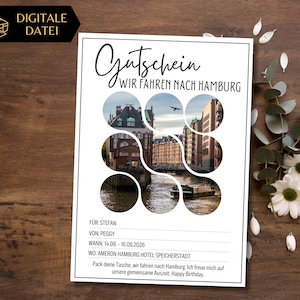 Modello di voucher di viaggio per Amburgo da stampare | Buono vacanza breve | Modello voucher viaggio in città | Viaggio di fine settimana a Speicherstadt