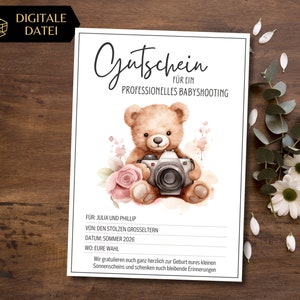 Voucher babyfotoshootsjabloon om af te drukken | Cadeau-idee onvergetelijke herinnering | Cadeaubon babyshoot teddycamera
