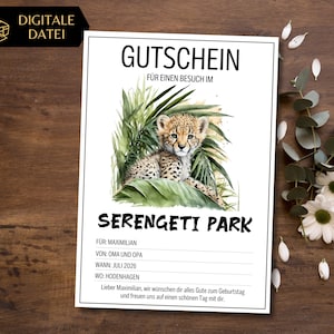 Gutschein Serengeti Park Vorlage zum Ausdrucken | Gutschein Ausflug in den Zoo | Gutschein Tierpark zum Gestalten | Geschenkgutschein