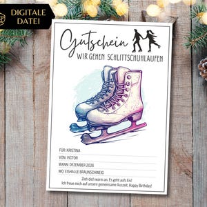 Gutschein Schlittschuhlaufen Vorlage zum Ausdrucken | Gutscheinvorlage Eislaufen | Geschenkidee ein Tag auf dem Eis | Schlittschuhe laufen