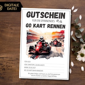 Gutschein Vorlage Go Kart fahren zum Ausdrucken | Gutscheinvorlage Kart Rennen | Go Kart Bahn Besuch Geschenkgutschein Rennstrecke für Mann