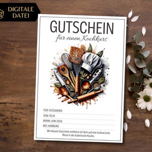 Plantilla de bono de curso de cocina para imprimir | Idea de regalo escapada culinaria | Vale regalo para pasar tiempo juntos en lugar de cosas | aprender a cocinar