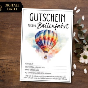 Gutschein Heißluftballonfahrt Vorlage zum Ausdrucken | Erlebnisgutschein Ausflug im Heißluftballon zum Gestalten | Ballonfahrt