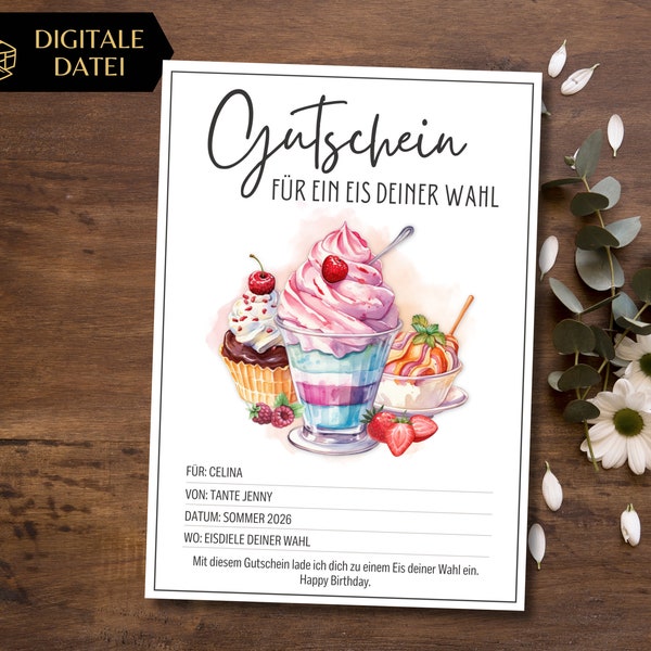 Voucher for eating ice cream template to print out | Voucher template ice cream sundae | Time instead of stuff gift voucher eating ice cream together