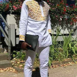 Men&#39;s Kaftan Embroidered Gold and White Long Sleeve Shirt & Pants African Clothing