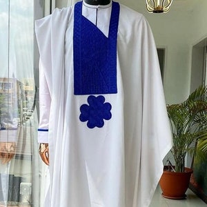 White & Blue-Black Agbada 3 Pcs Men Kaftan African Clothing African Groom Suit