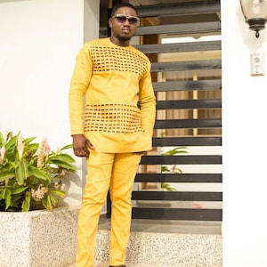Men&#39;s Embroidered Gold and Brown Long Sleeve Shirt & Pants African Kaftan Clothing