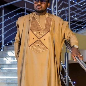 Gold and Brown Agbada Babariga 3 Pieces Men Groom Suit African Clothing for Men