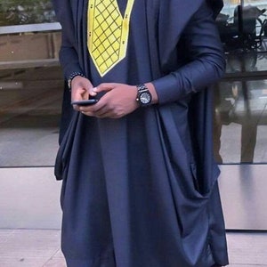 Blue-black & Yellow Agbada Babariga 3Pcs Men Groom Suit African Clothing Kaftan