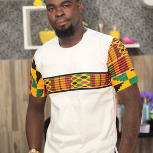 African Men&#39;s Kente and White Cotton Short Sleeve Shirt African Men&#39;s Clothing