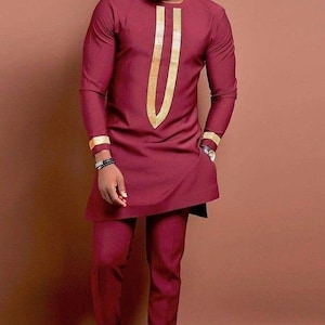 Camicia e pantaloni da uomo color marrone e oro, abbigliamento africano, caftano, moda africana