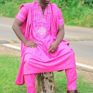 Pink with White Agbada 3 Pcs Babariga Kaftan African Clothing Men&#39;s Fashion