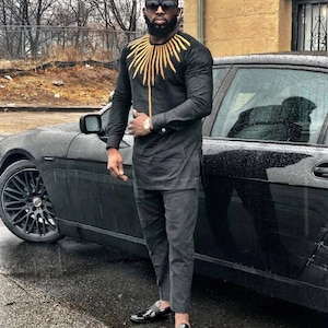 Embroidered Black and Gold Men&#39;s Long Sleeve Shirt and Pants African Clothing
