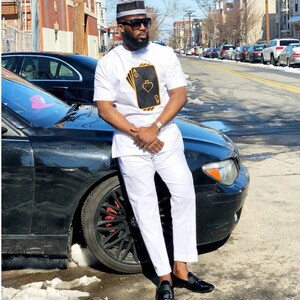 White Men&#39;s Long Sleeve Shirt and Pants African Kaftan African Clothing for Men