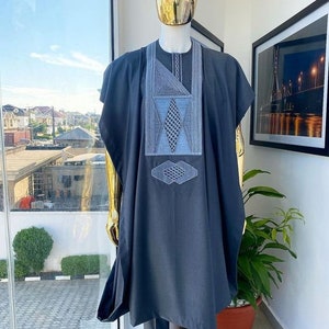 Navy Blue Agbada Babariga 3 Pieces Men Groom Suit African Clothing for Men