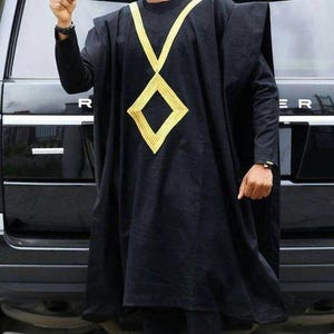 Black and Gold Agbada Babariga 3 Pieces Men Groom Suit African Clothing for Men