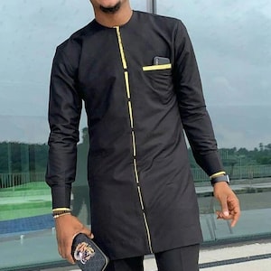Camicia a maniche lunghe nera e gialla e pantaloni Kaftan Uomo Abbigliamento africano Moda