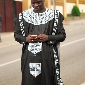 Black with White Agbada Babariga 3 Pcs African Men&#39;s Clothing African Fashion African Wedding Suit for Groom