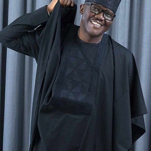 All Black Agbada Babariga 3 Pieces Men Groom Suit African Wear Clothing for Men
