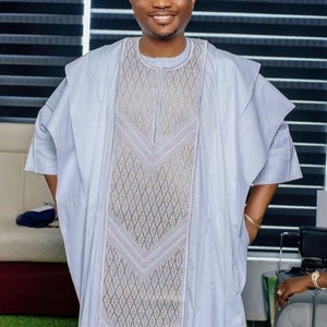 White and Ivory Agbada Babariga 3 Pieces Men Groom Suit African Clothing for Men